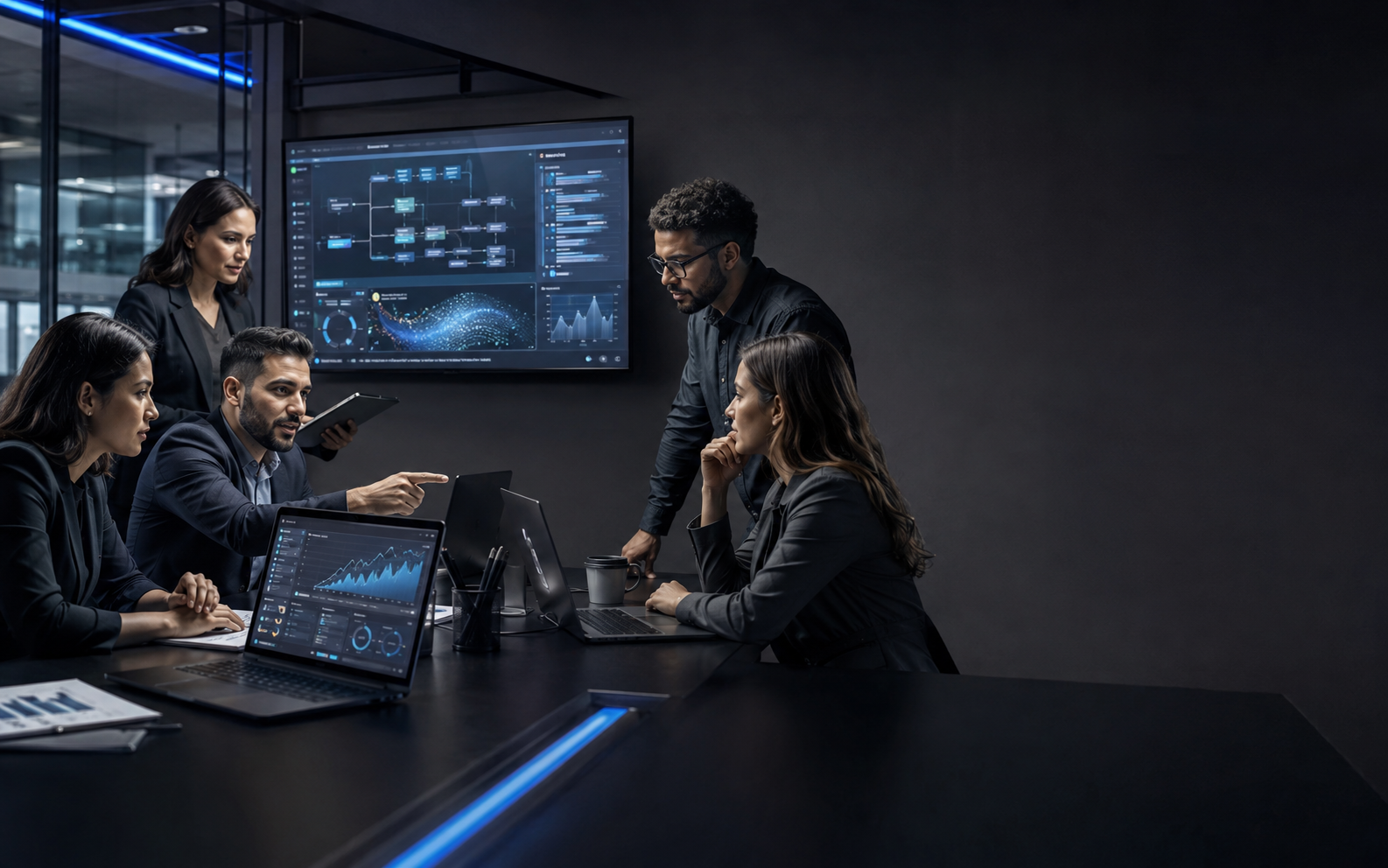 Equipe empresarial utilizando inteligência artificial em seu trabalho